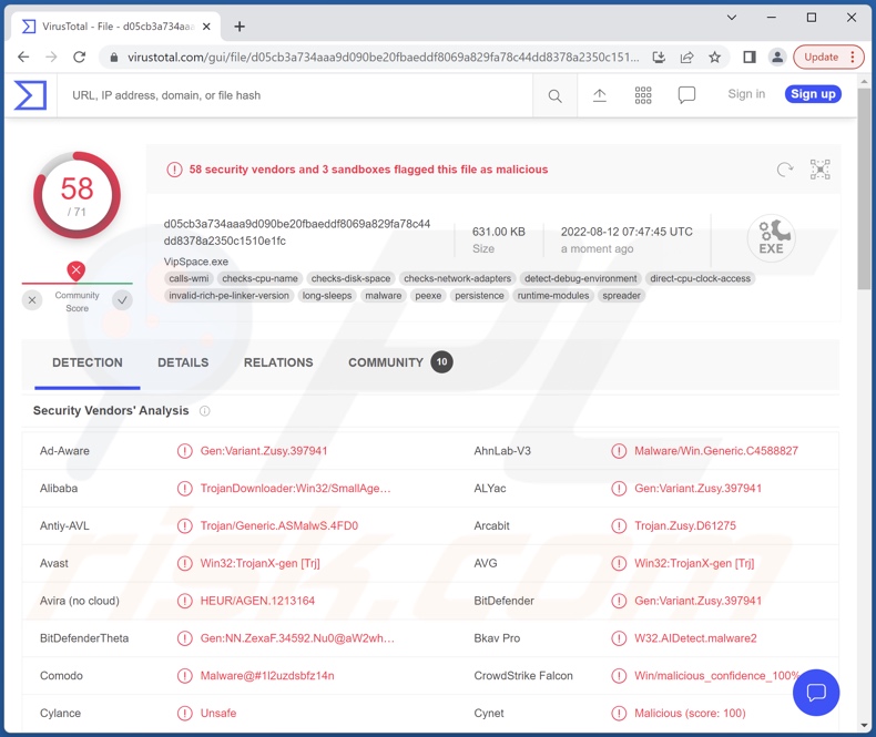 VIPSpace Malware Erkennungen auf VirusTotal