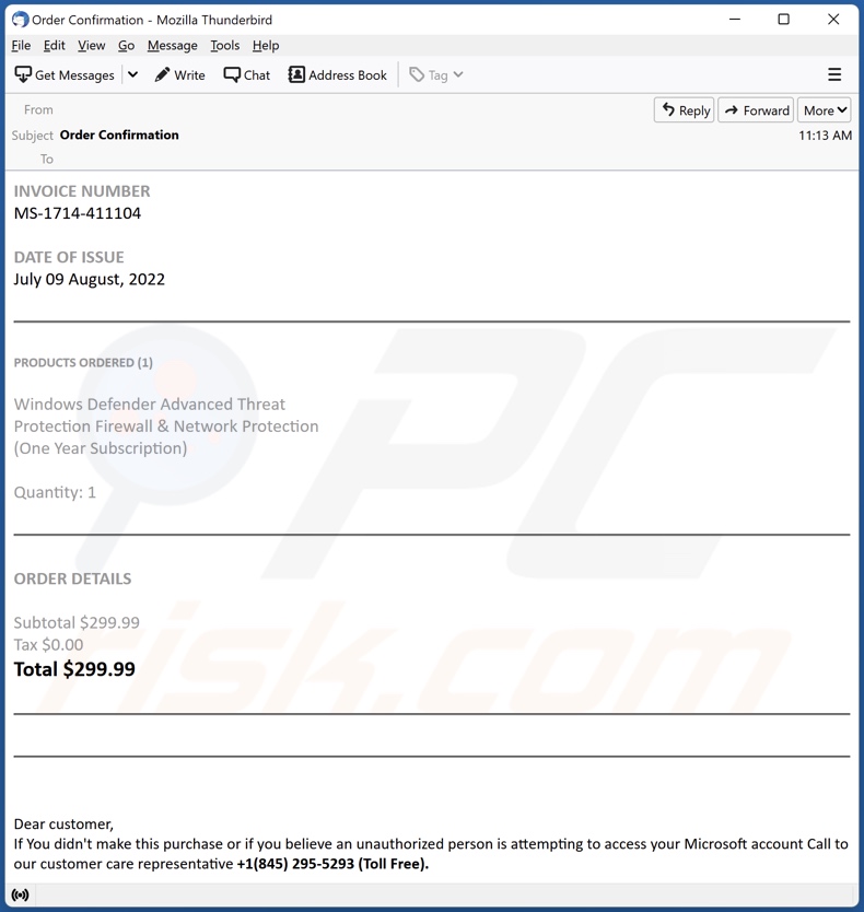 Windows Defender Subscription E-Mail-Spam-Kampagne