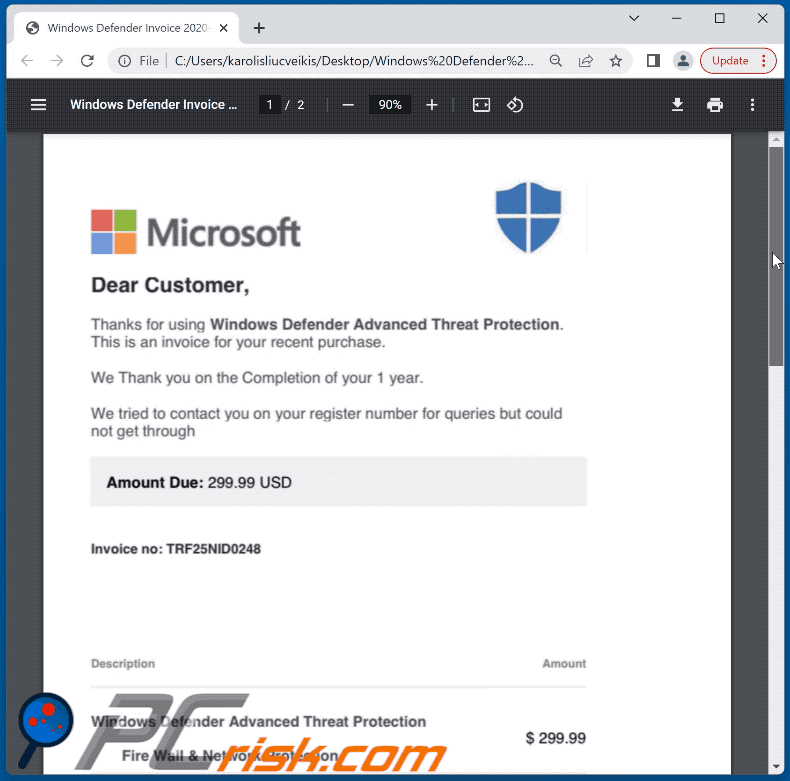 Betrügerisches PDF Dokument, das mit Spam-E-Mails mit dem Thema Windows Defender Subscription verbreitet wird