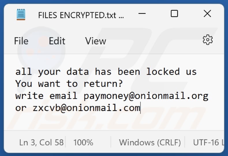 Zxcvb Ransomware Textdatei (FILES ENCRYPTED.txt)