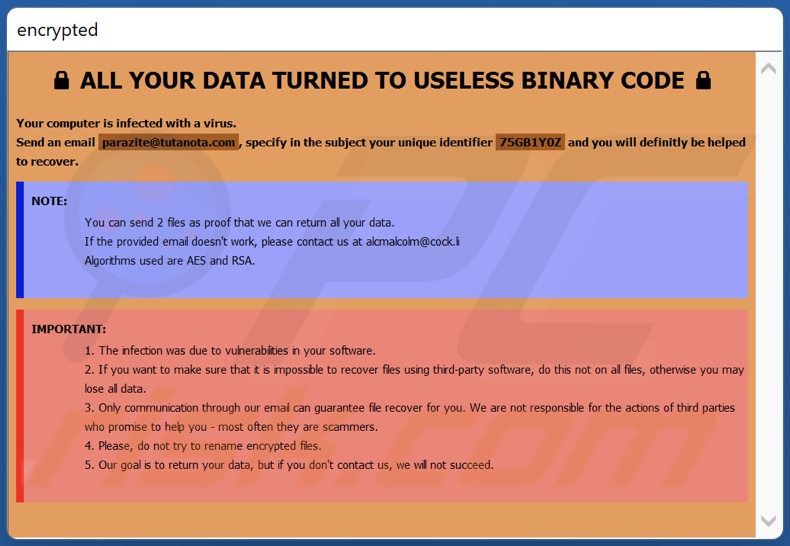 Arazite Ransomware Lösegeldmitteilung (info.hta)