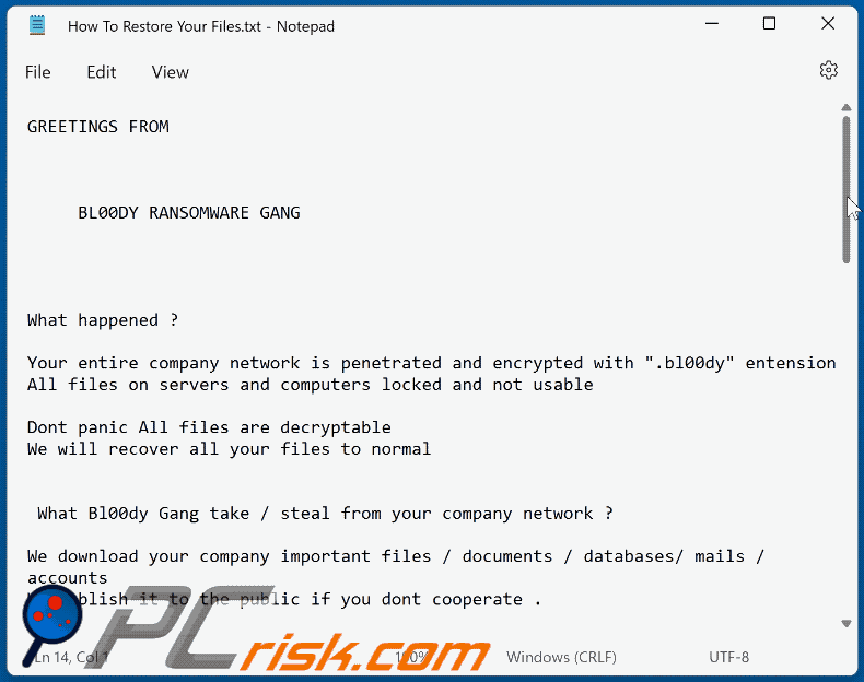 Bl00dy Ransomware Lösegeldfordernde Nachricht (How To Restore Your Files.txt) GIF