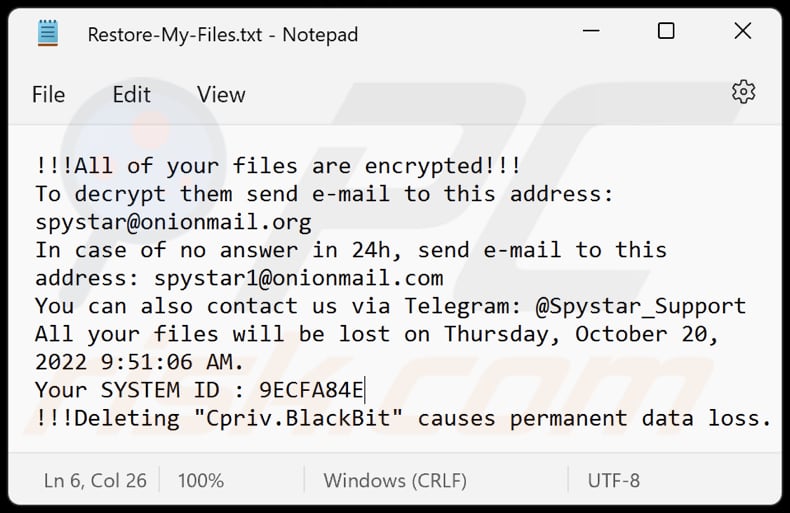 blackbit Ransomware .txt Datei (Restore-My-Files.txt)