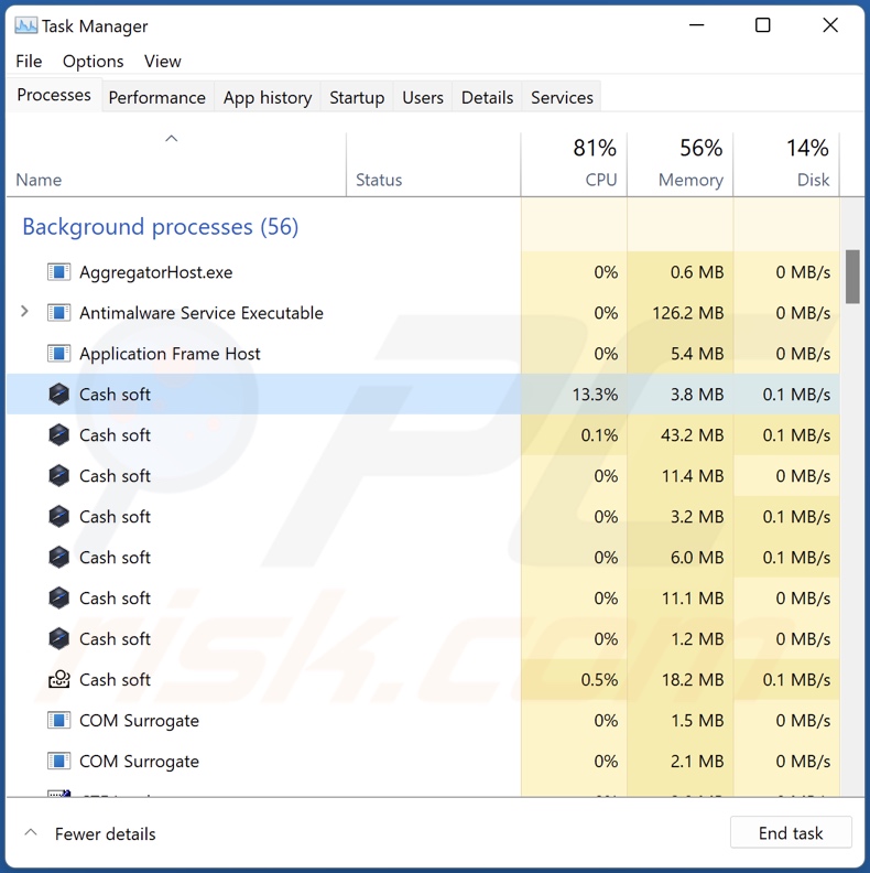 Cash Adware Prozess im Task-Manager (Cash soft - Prozessname)