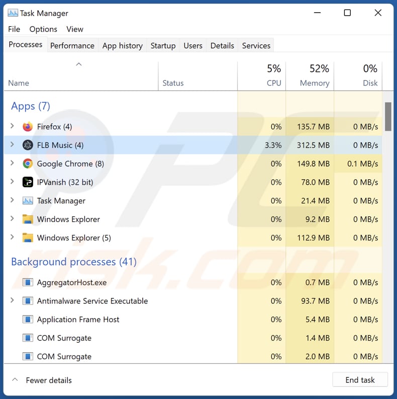 FLB Music Adware läuft im Task-Manager als FLB Music