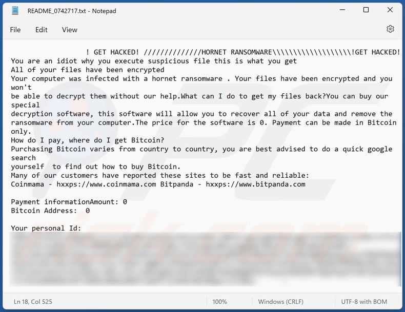 HORNET Ransomware Lösegeldmitteilung (README_[random_number].txt)