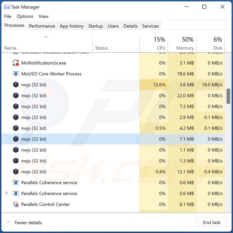 Mobile Adware Prozess im Task Manager (nwjs - Prozessname)