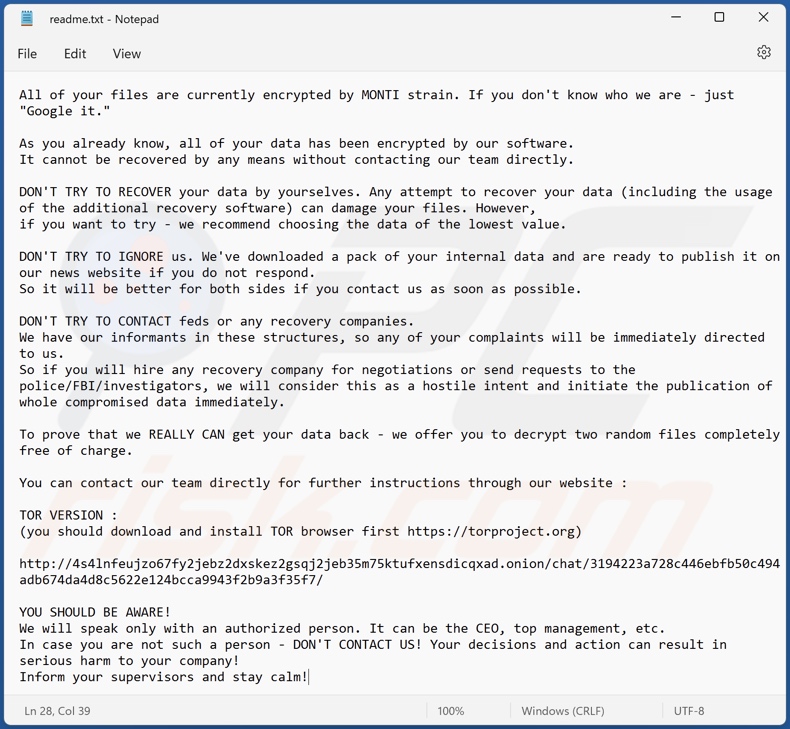 MONTI Ransomware Lösegeldfordernde Nachricht (readme.txt)