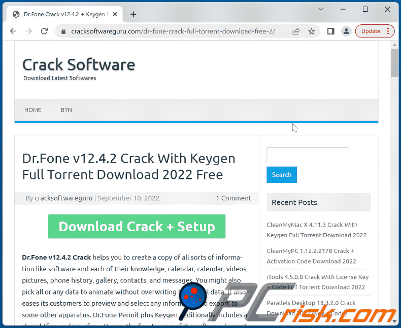 Aussehen der Software Crack-Webseite, die Malware verbreitet (GIF)