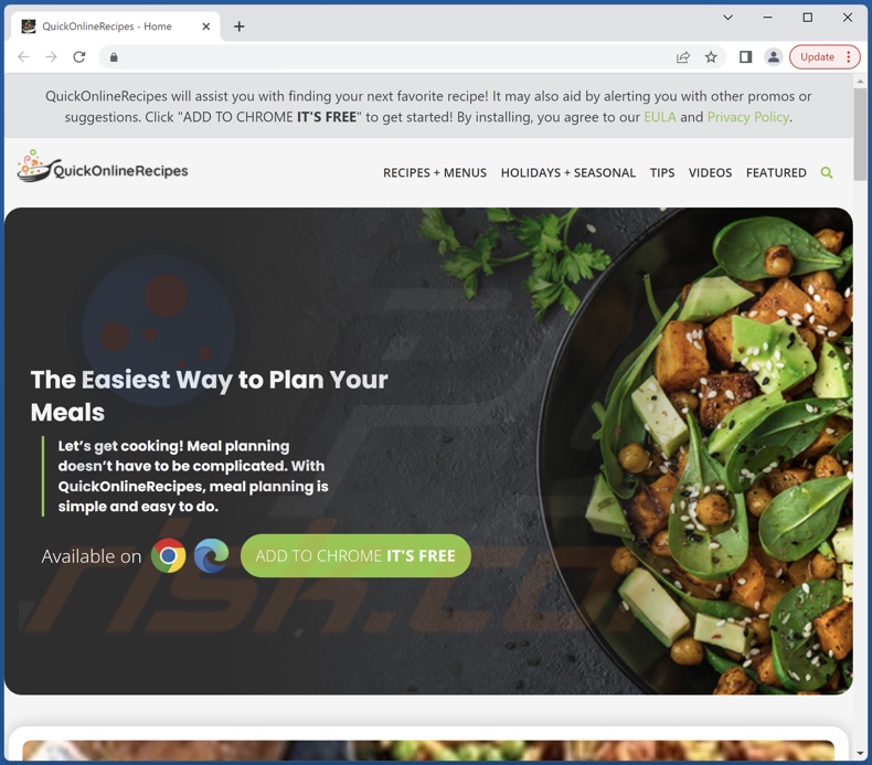 Webseite fördert Quick Online Recipes Adware