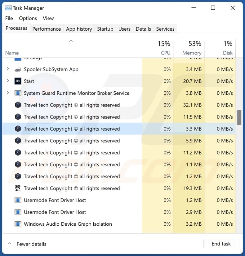 Travel Adware travel tech copyright Prozess im Task-Manager