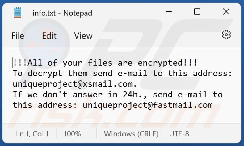 unique Ransomware Lösegeldmitteilung txt Datei (info.txt)
