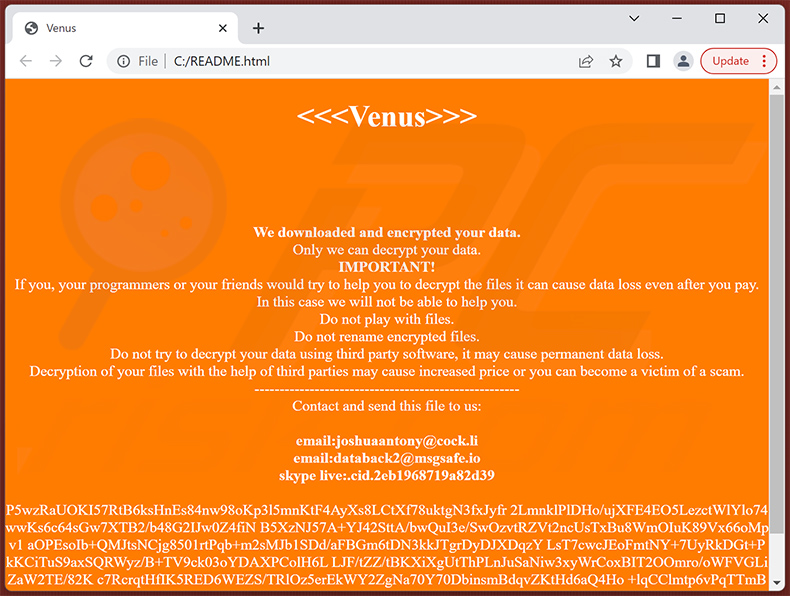 Venus Ransomware HTML Datei (README.html)