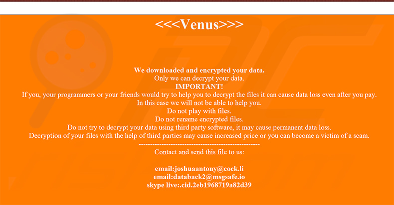 Venus Ransomware Dialogfenster