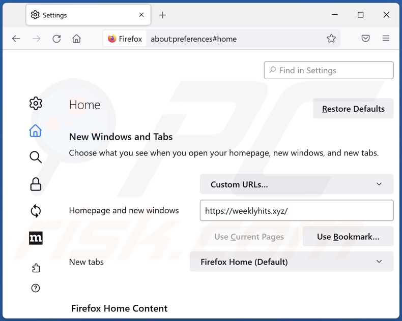 weeklyhits.xyz von der Mozilla Firefox Startseite entfernen