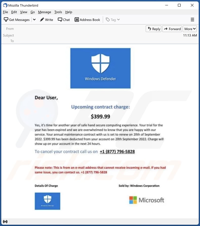 Windows Defender E-Mail Spam-Kampagne