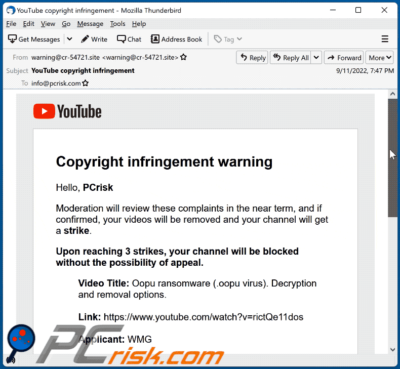 Aussehen von YouTube Copyright Infringement Warning email