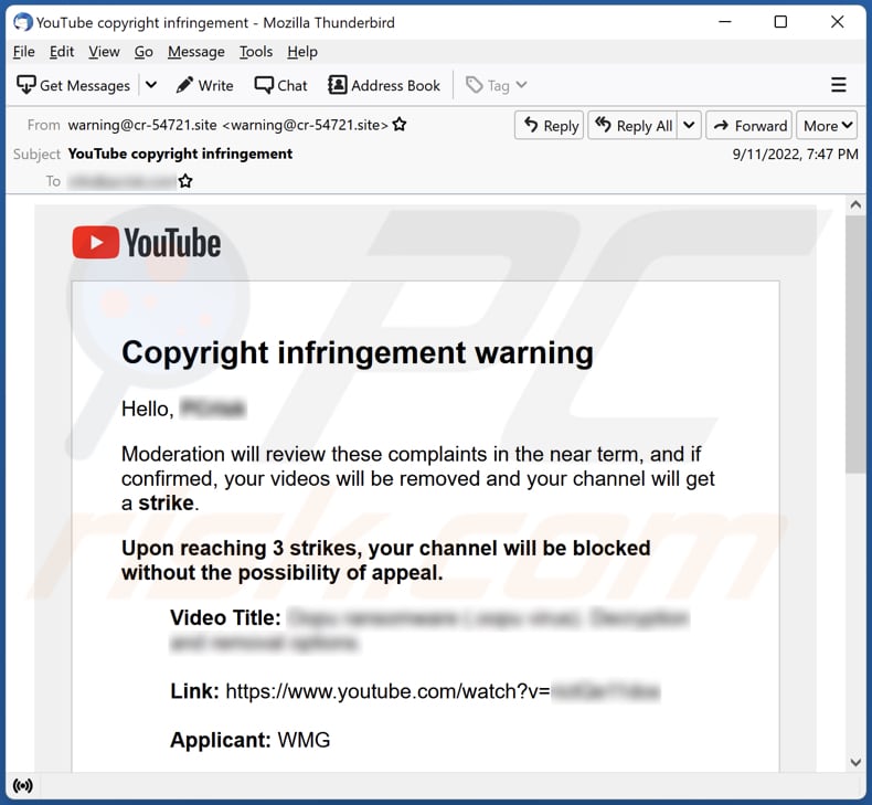 YouTube Copyright Infringement Warning email virus Malware-verbreitende E-Mail
