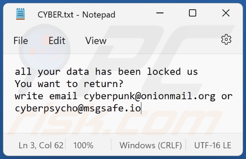 Cyberpunk Ransomware txt Datei (CYBER.txt)