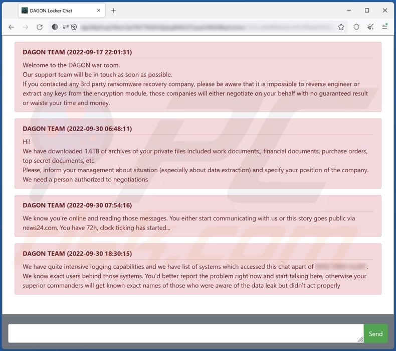 DAGON LOCKER Ransomware Tor-Webseite