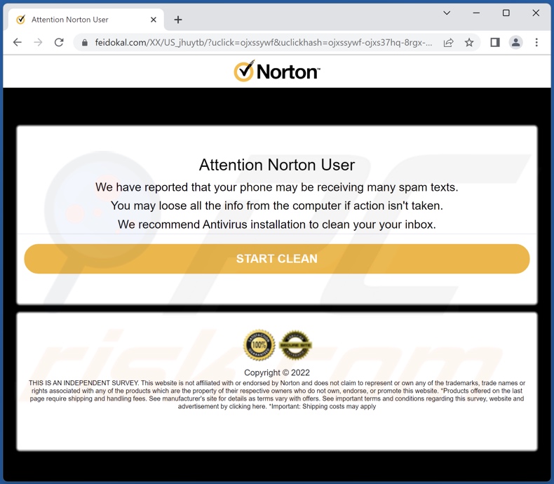 Norton - Your Phone May Be Receiving Many Spam Texts ursprüngliche Betrugsseite