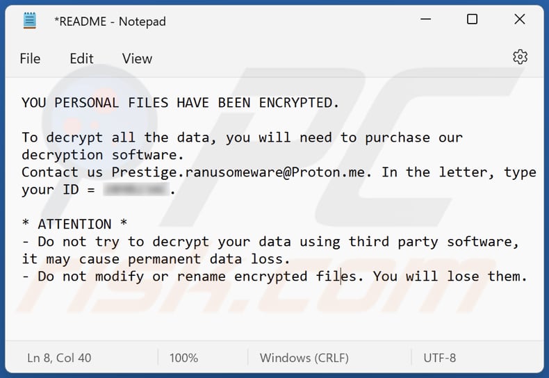 Prestige Ransomware Lösegeldmitteilung (README Datei)