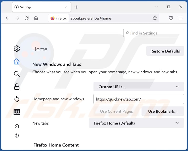 quicknewtab.com von der Mozilla Firefox Startseite entfernen