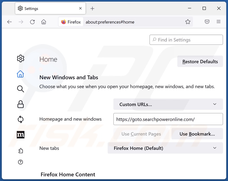 searchpoweronline.com von der Mozilla Firefox Startseite entfernen