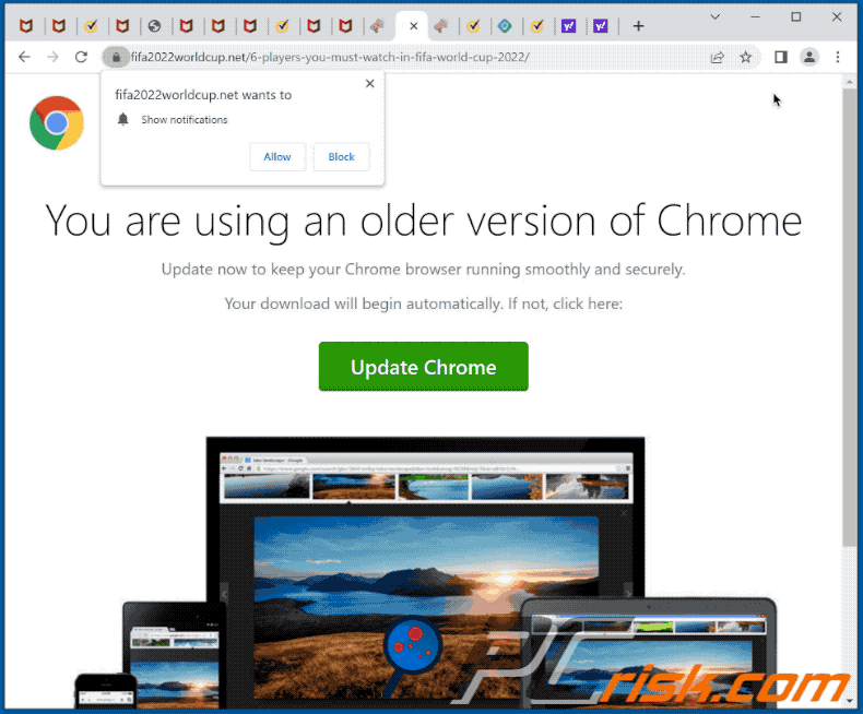 Aussehen des you are using an older version of chrome Betrugs