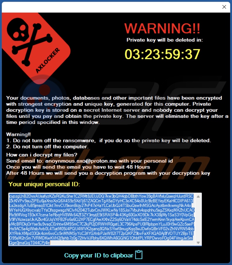 AXLocker Ransomware Lösegeldmitteilung (Pop-up)