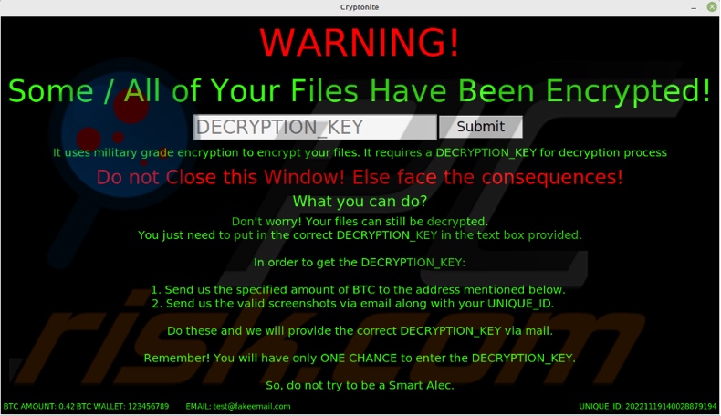 Cryptonite (.cryptn8) Ransomware Lösegeldmitteilung (Dialogfenster)