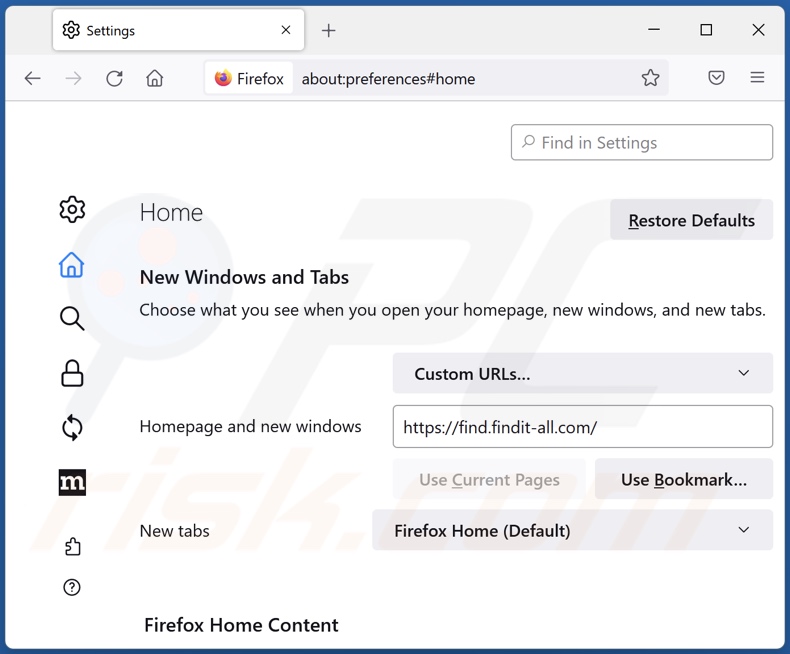 find.findit-all.com von der Mozilla Firefox Startseite entfernen