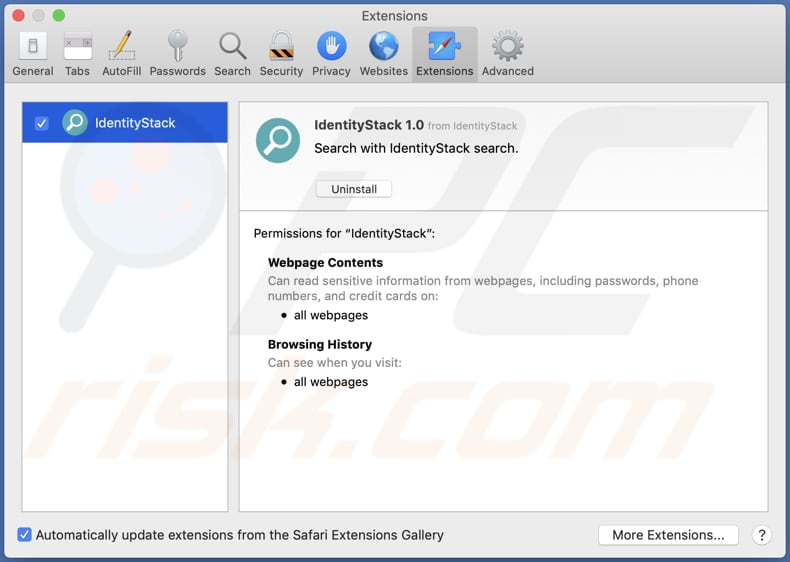 Identitystack Adware auf Safari installiert