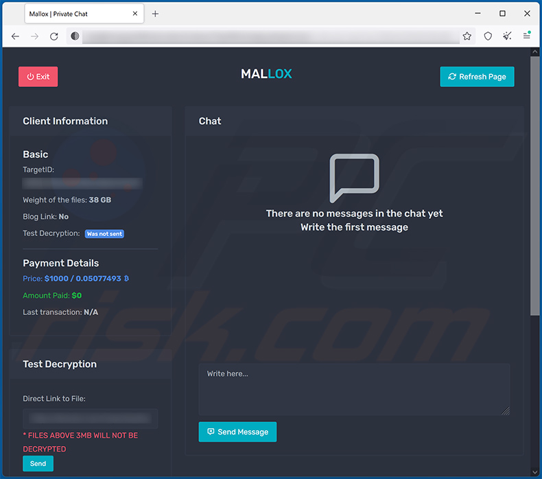 Mallox Ransomware Tor Webseite