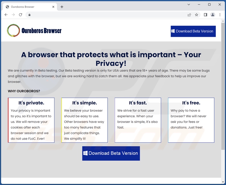 Webseite zur Förderung von Ouroboros Browser PUA