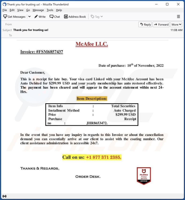 Payment For McAfee Subscription Betrugs-E-Mail Beispiel 2