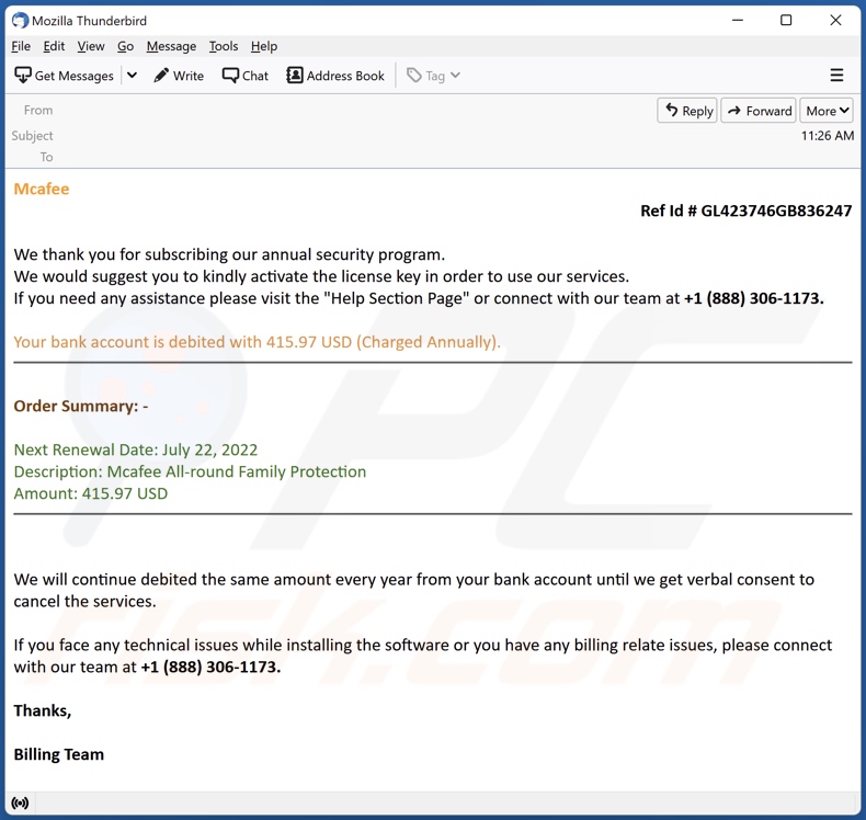 Payment For McAfee Subscription Betrugs-E-Mail Beispiel 3
