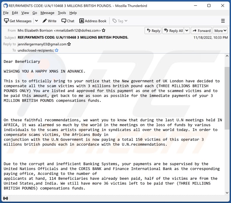 Scam Victim Compensation Funds E-Mail Spam-Kampagne