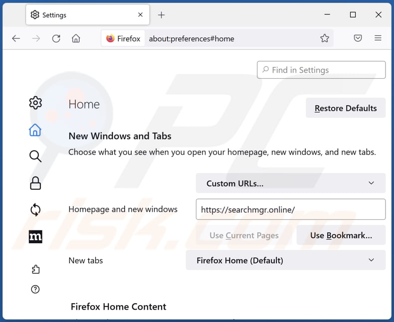 searchmgr.online von der Mozilla Firefox Startseite entfernen