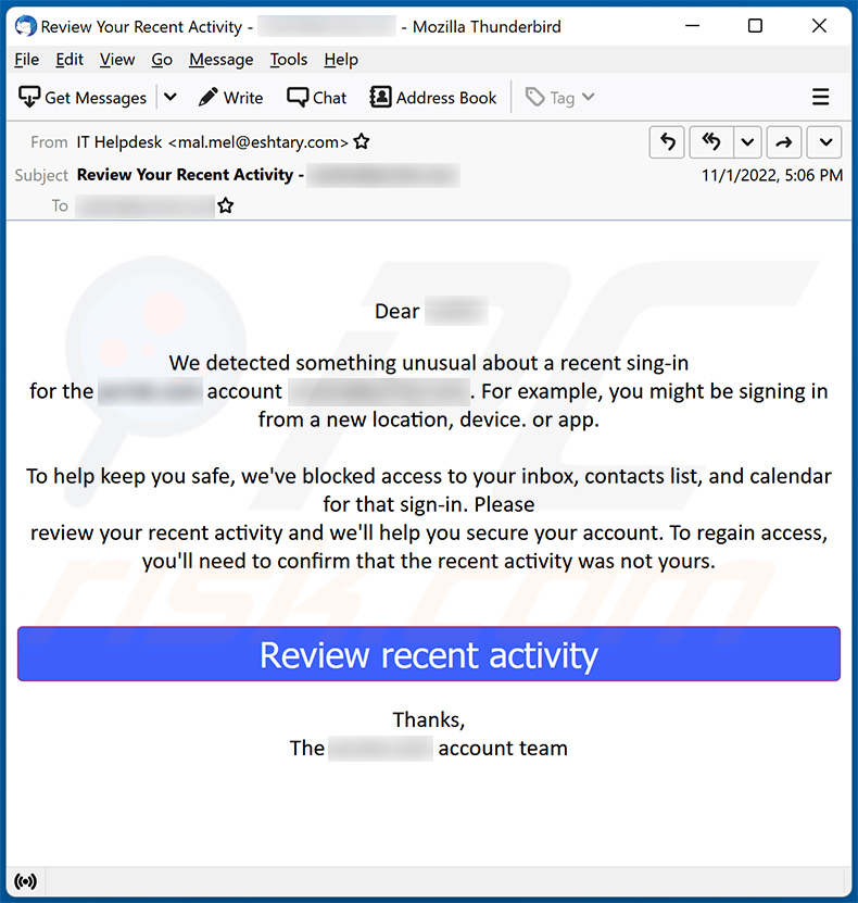 Spam-E-Mail mit dem Thema Unusual Sign-in Activity  (2022-11-04)