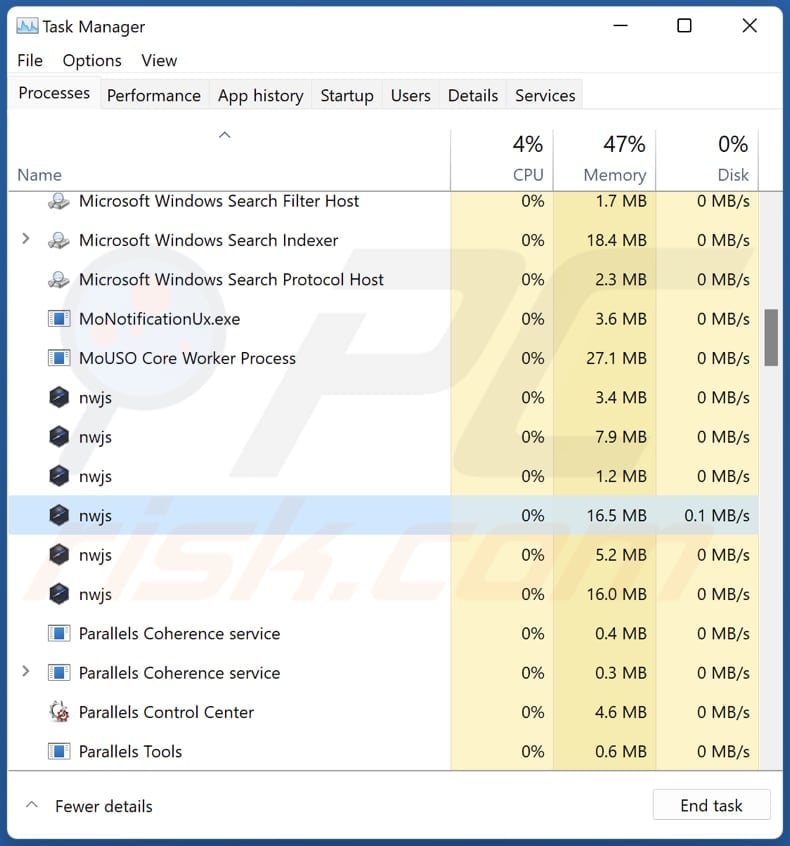 videos adware nwjs Prozess im Task-Manager