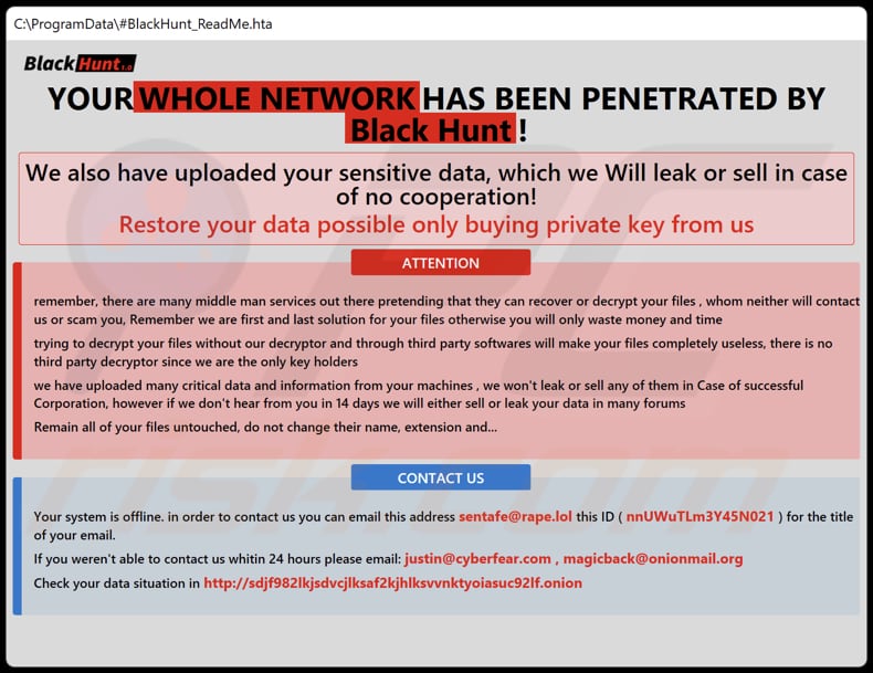 Black Hunt Ransomware HTA Datei (BlackHunt_ReadMe.hta)