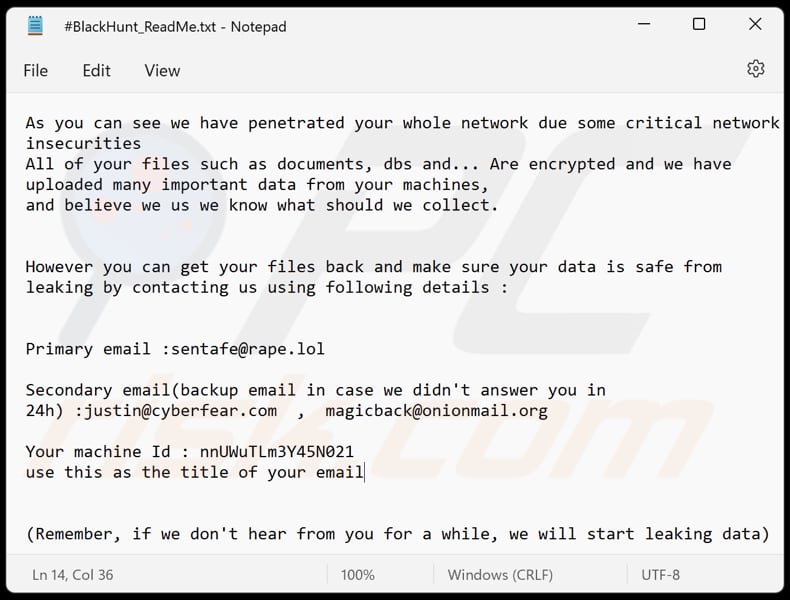 Black Hunt Ransomware Lösegelmitteilung in einer Textdatei (#BlackHunt_ReadMe.txt)