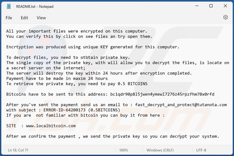 CryWiper Ransomware Textdatei (README.txt)