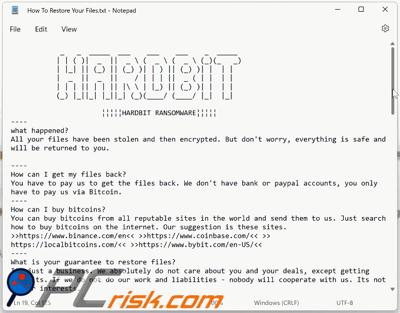 Aussehen der HARDBIT 2.0 Ransomware Textdatei (How To Restore Your Files.txt)