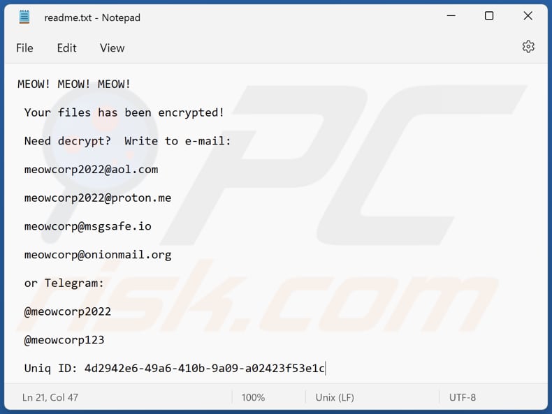 MEOW Ransomware Textdatei (readme.txt)