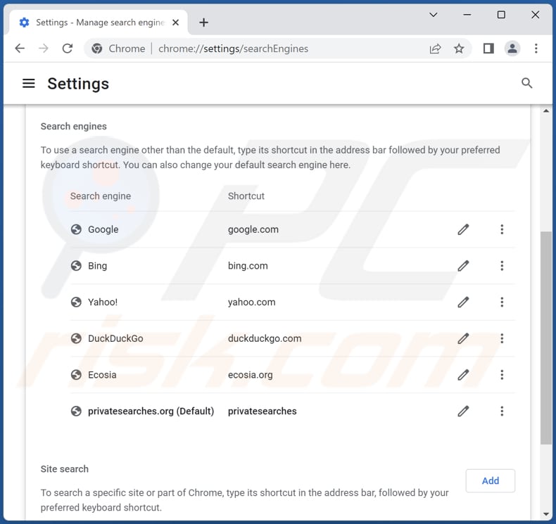 privatesearches.org von Google Chrome Standardsuchmaschine entfernen