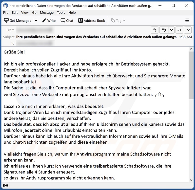Professional Hacker Managed To Hack Your Operating System Betrugs-E-Mail Variante in deutscher Sprache