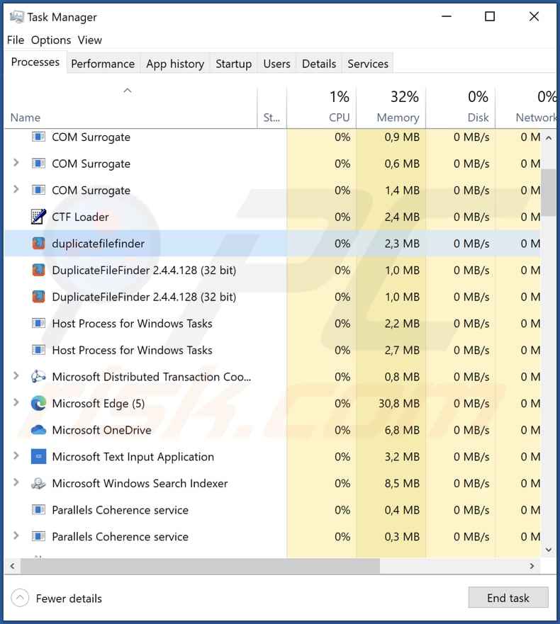 Duplicatefinder Adware läuft im Task-Manager als duplicatefinder