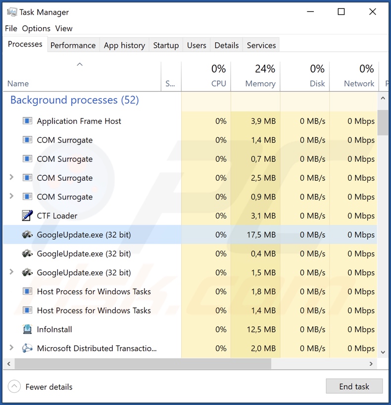 GoogleUpdate Malware-Prozess im Task-Manager (GoogleUpdate.exe - process name)